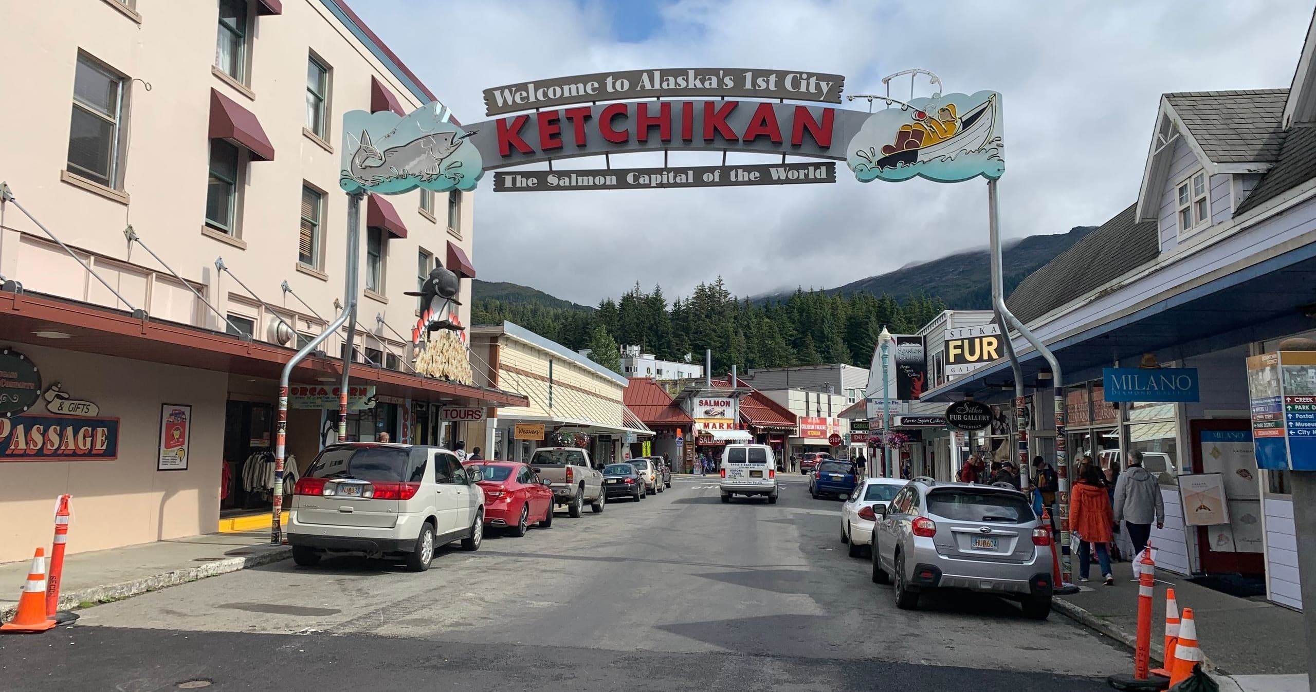 Ketchikan main street with local shops and welcome arch sign