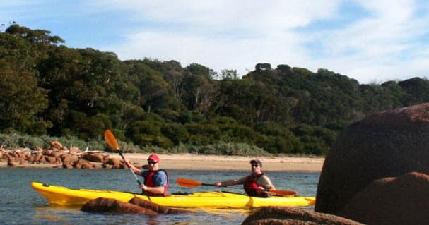 Two kayakers navigating near rocky shore in coastal bay