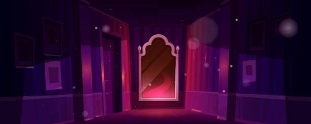 Mystical indoor escape room hallway with glowing mirror puzzle entrance