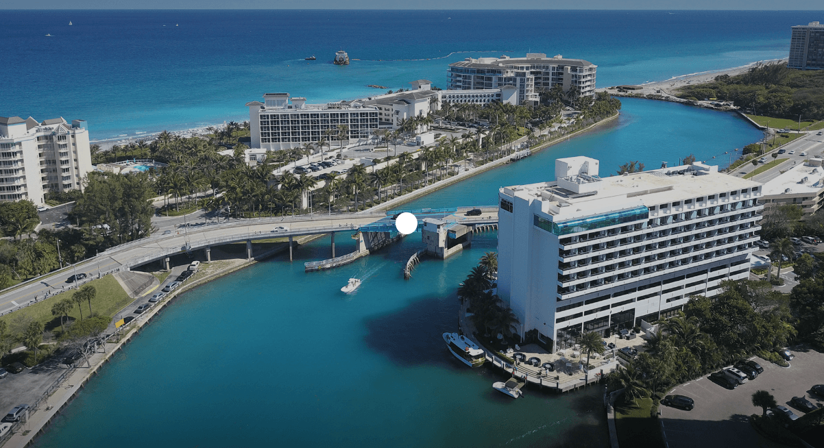 Aerial view of coastal marina and paddle spots near resort