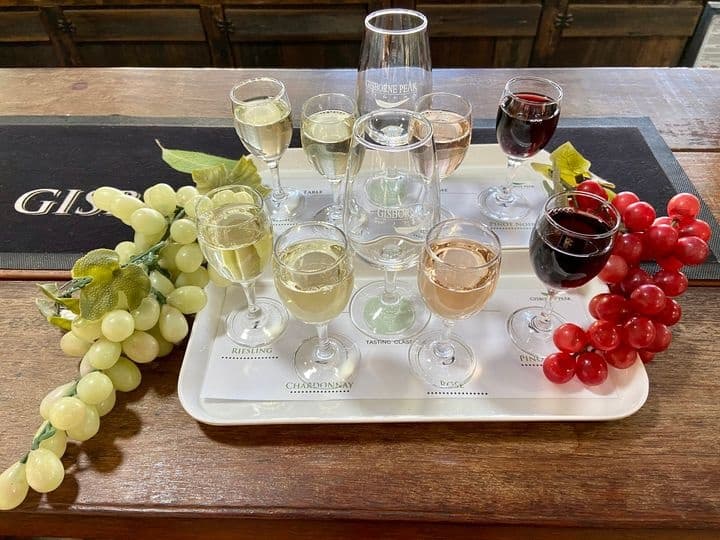 Wine tasting flight with glasses and grapes on timber bar