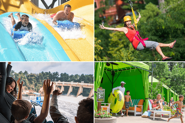Zipline and water slide collage at outdoor adventure park
