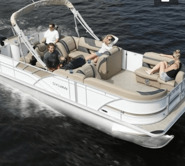 Pontoon boat cruising on open water with passengers onboard