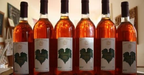 Row of rose wine bottles on counter inside tasting room display