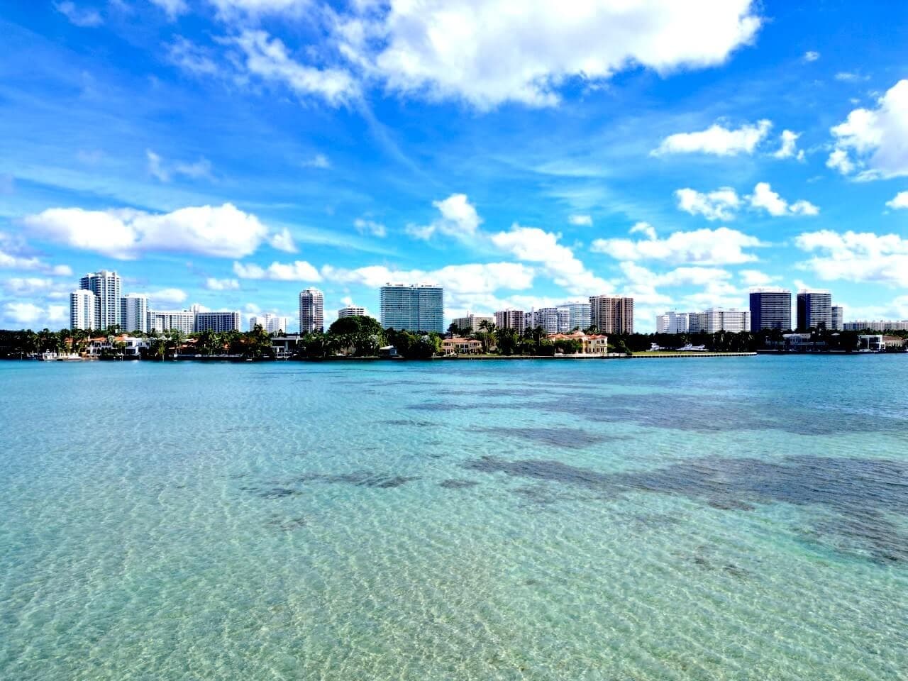 Shallow crystal water with city skyline, coastal boating scene