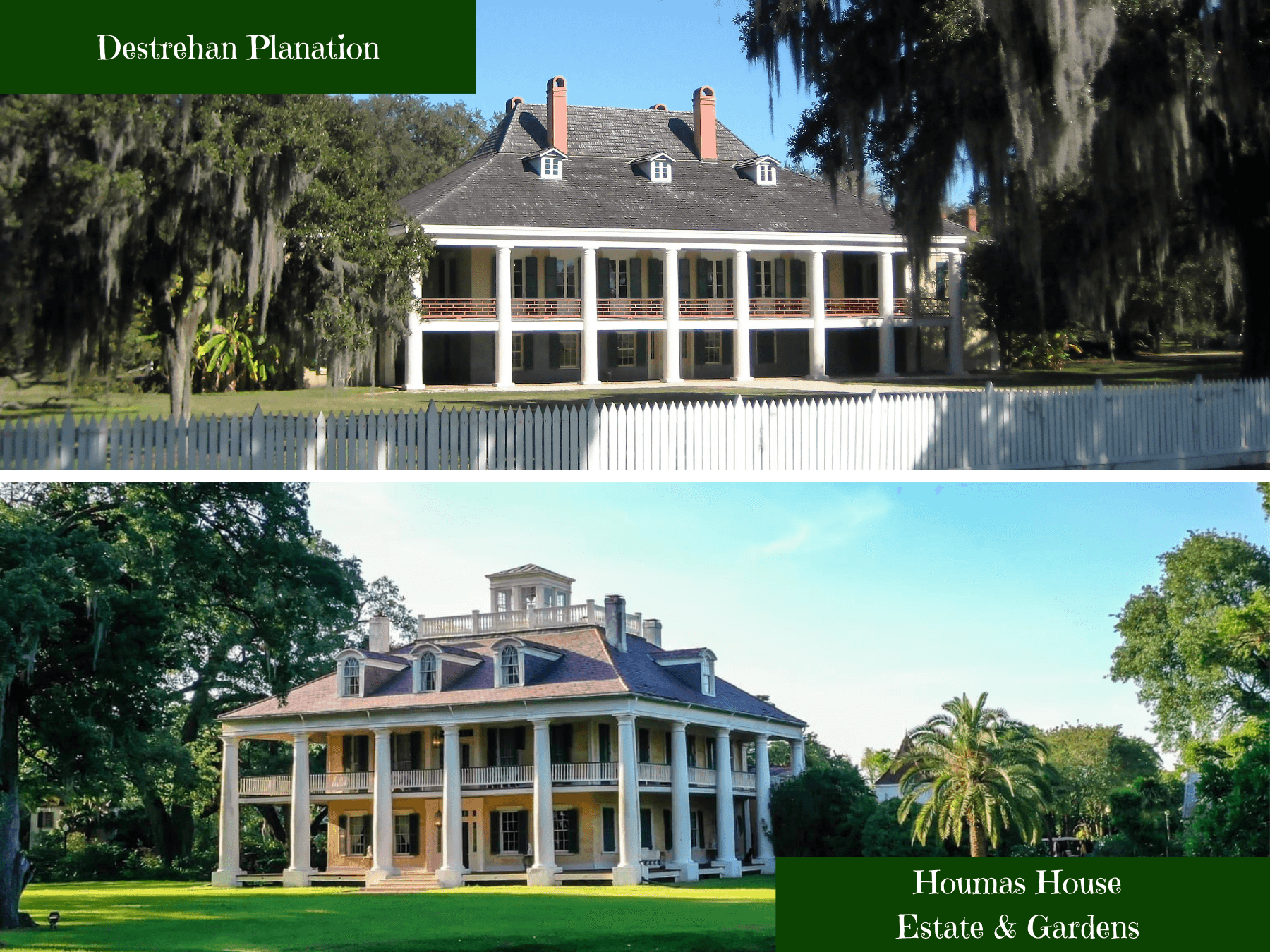 Houmas House estate collage showing mansion exteriors and gardens