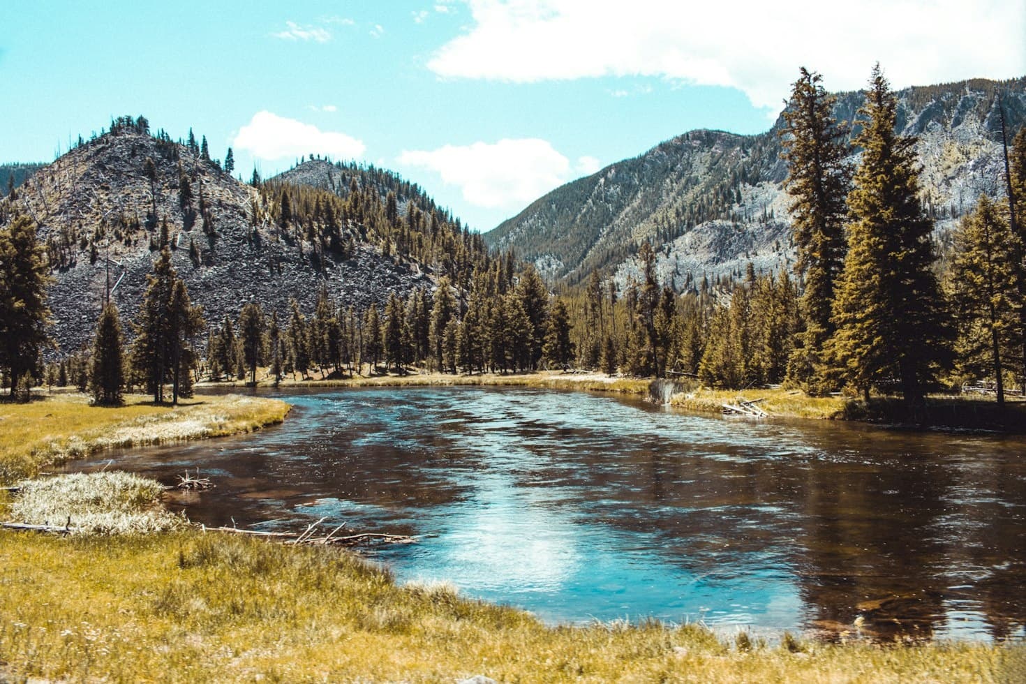 Meandering river through golden alpine meadow with mountain backdrop