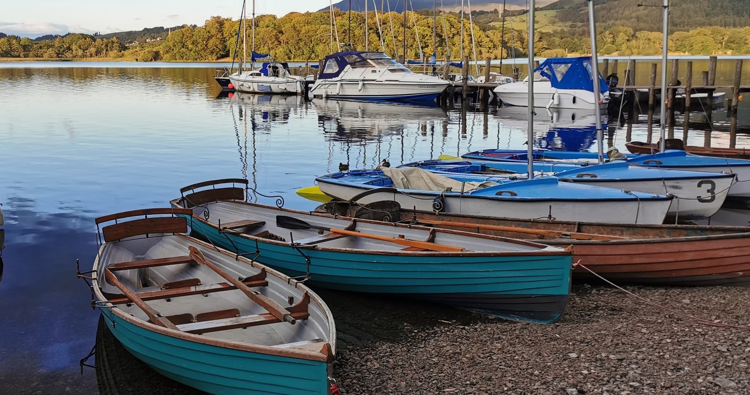 Sailboats moored at a quiet harbor under blue skies