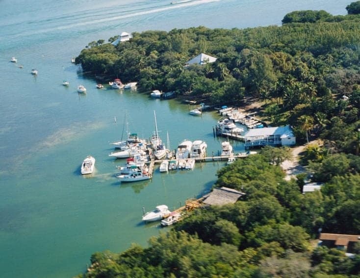 Aerial view of coastal marina and boats in tropical inlet