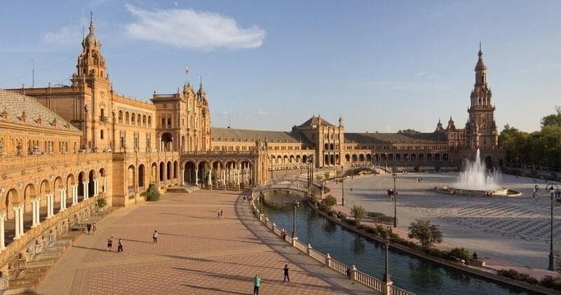 Panoramic Plaza de España square and canal in Seville, Spain