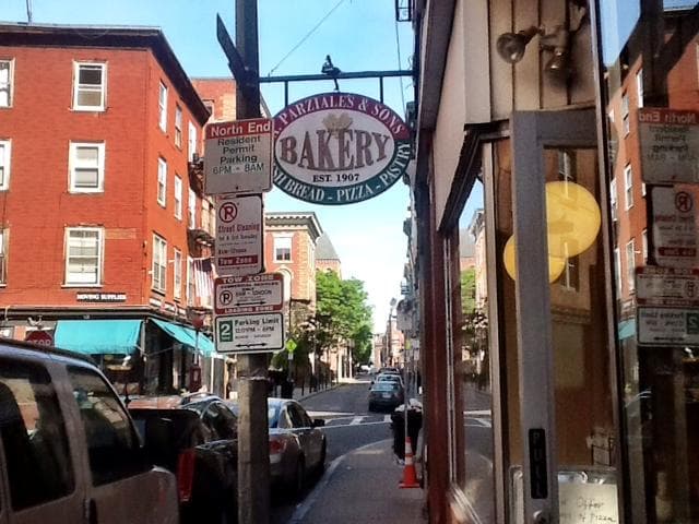 North End bakery storefront on narrow Boston historic walking tour
