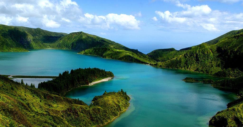 Scenic mountain lake vista with winding shoreline