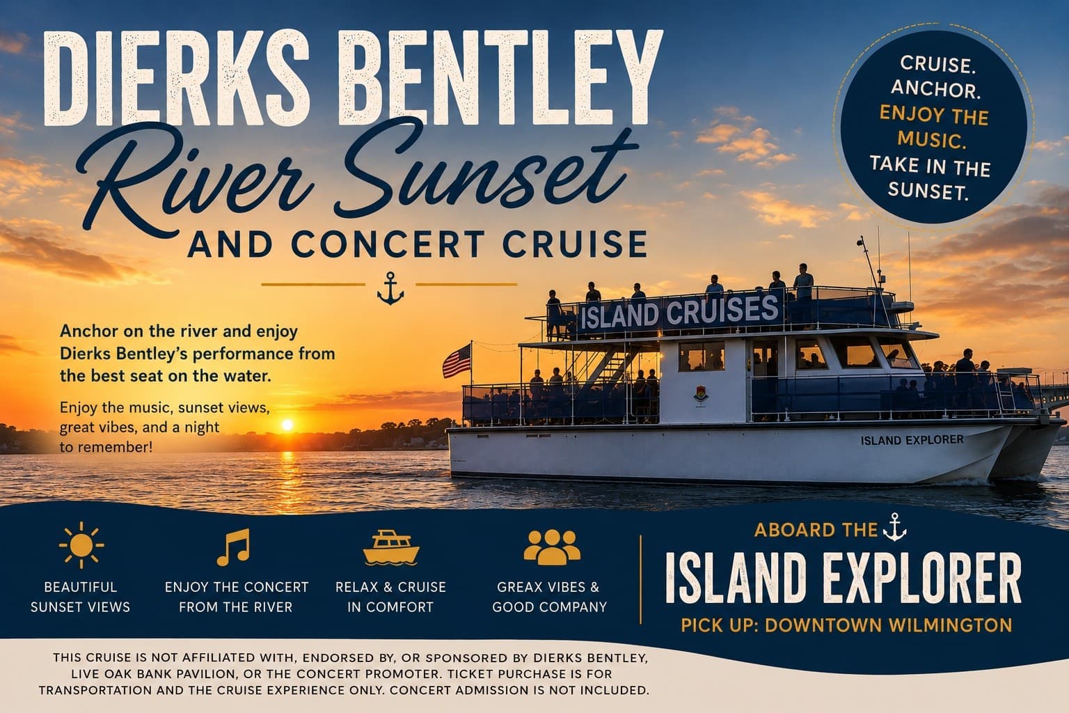 Sunset on the Cape Fear: Dierks Bentley River Sunset & Concert Cruise aboard Island Explorer
