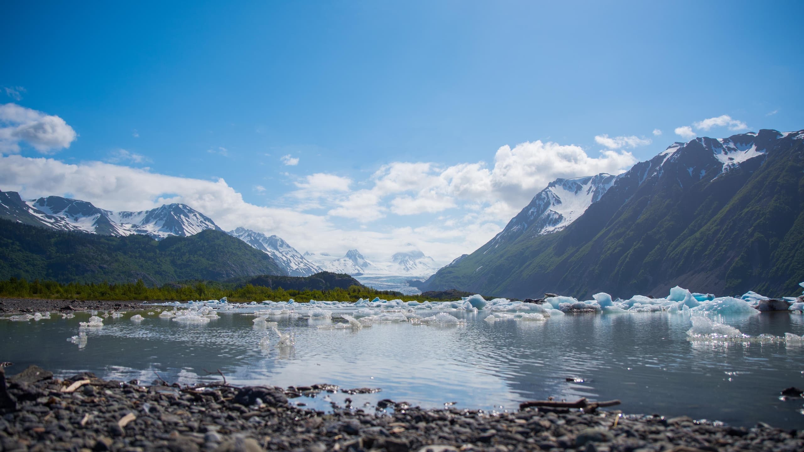 Scenic glacier lagoon with icebergs and Alaskan mountain vistas