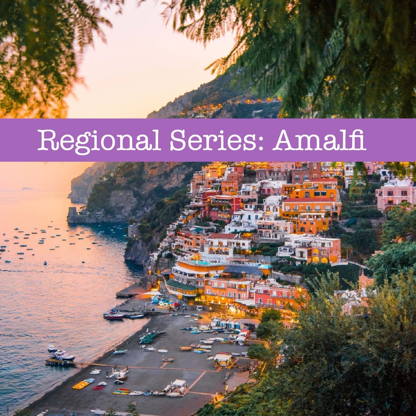 Scenic Amalfi Coast cliffside village at sunset, seaside vista