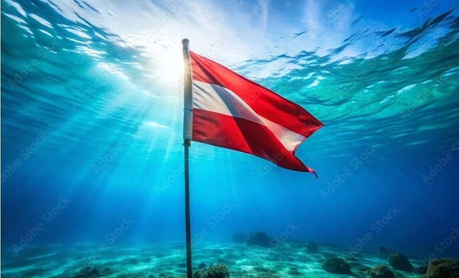 Diver flag underwater near coral reef signaling dive site