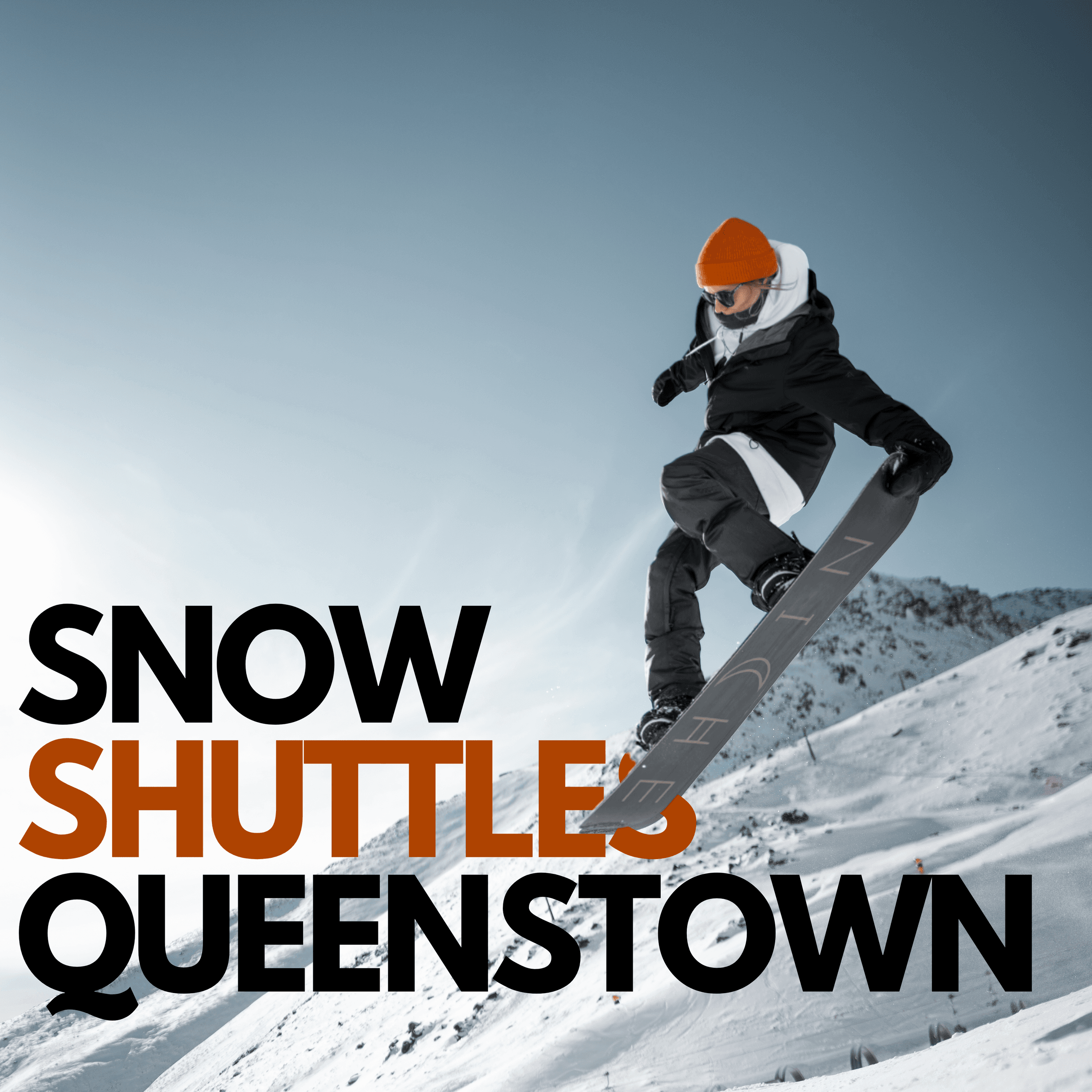 Snowboarder mid-air over snowy mountain, shuttle service promo in Queenstown