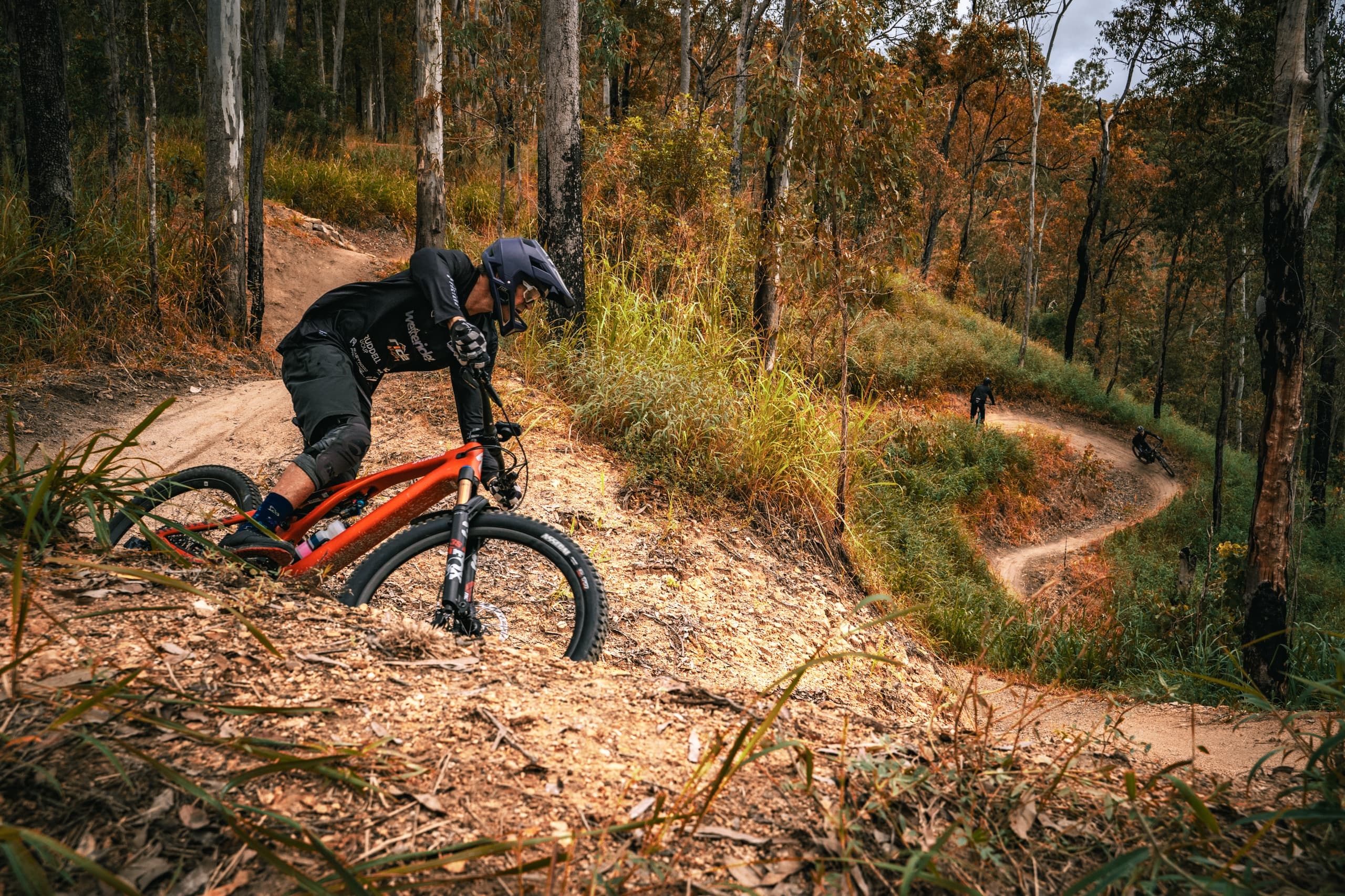 Mountain biker leaning on orange trail bike in eucalyptus forest