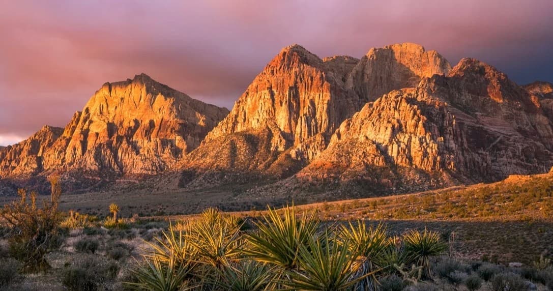 Red rock mountain landscape at sunset near Las Vegas desert