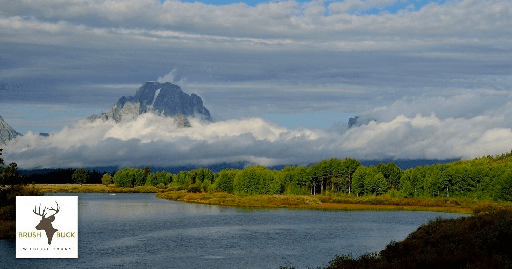 River valley with distant peaks under clouds, scenic landscape vista