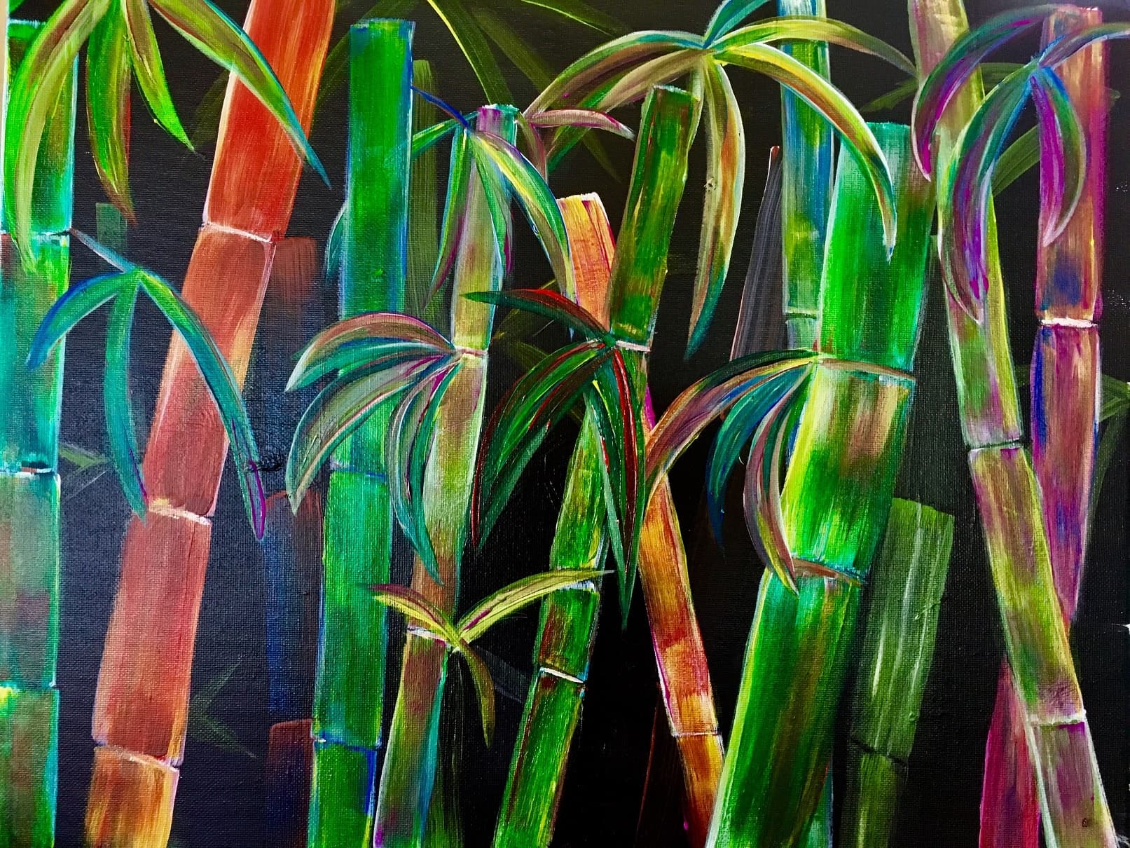 Vibrant bamboo canvas painting at Island Art Party studio