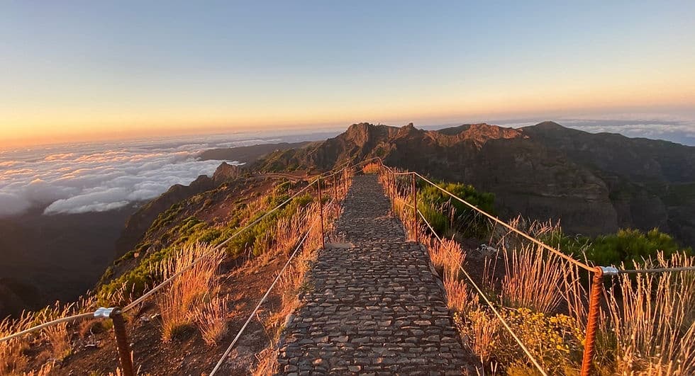 Sunset mountain staircase hike with panoramic coastal views