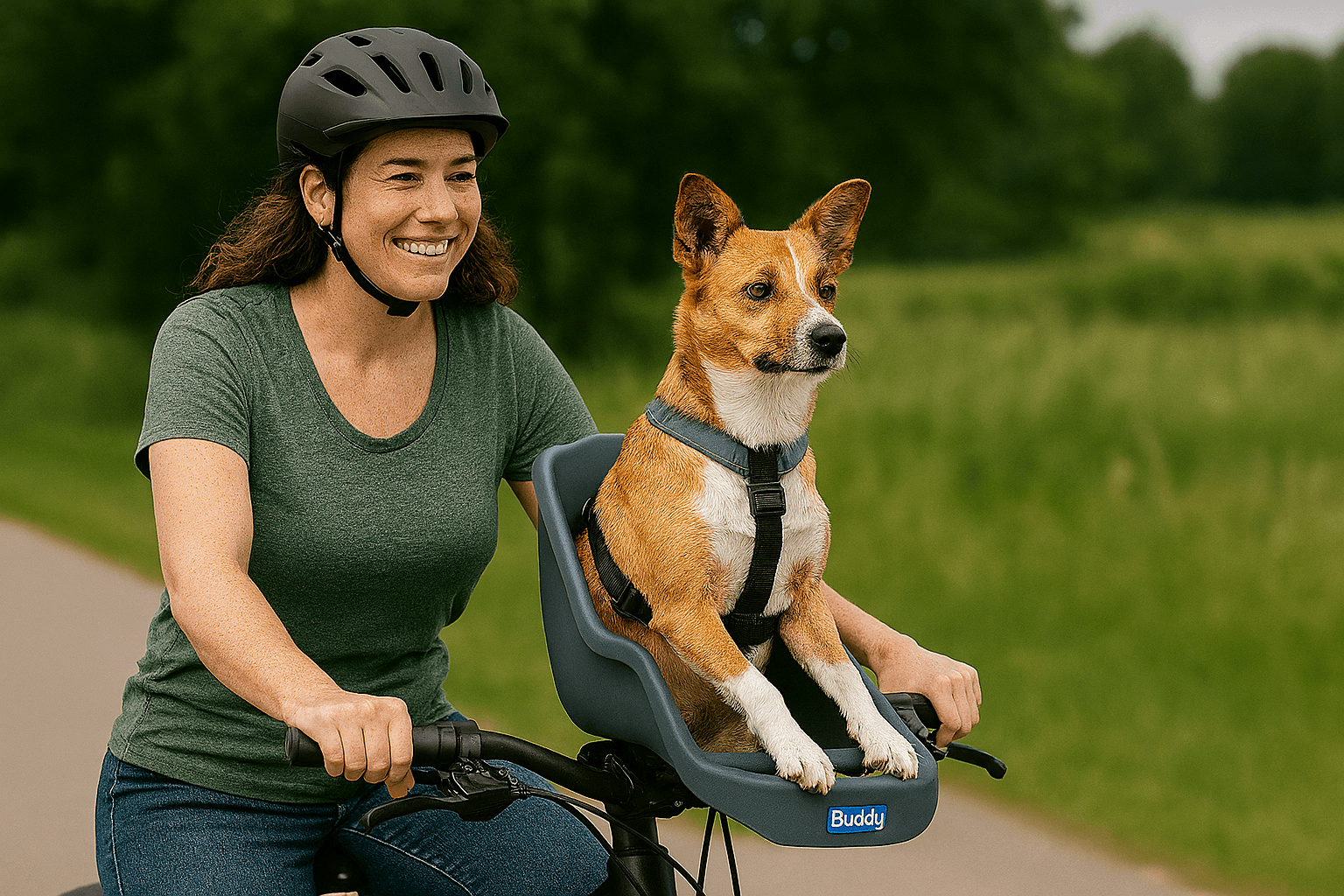 Woman bicycling on country lane with dog in front bike seat