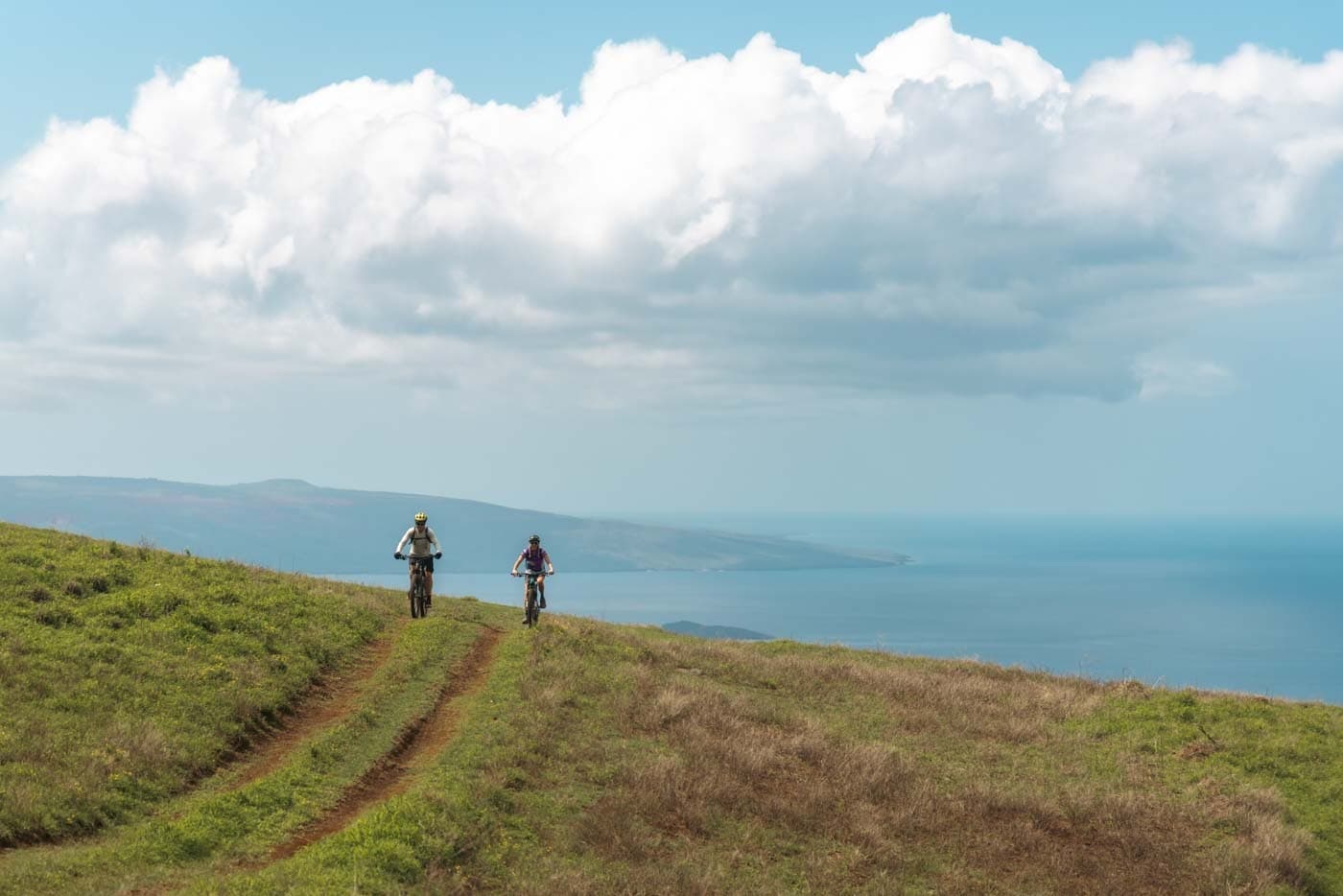E-mountain bikers riding grassy coastal ridge with ocean view in Maui