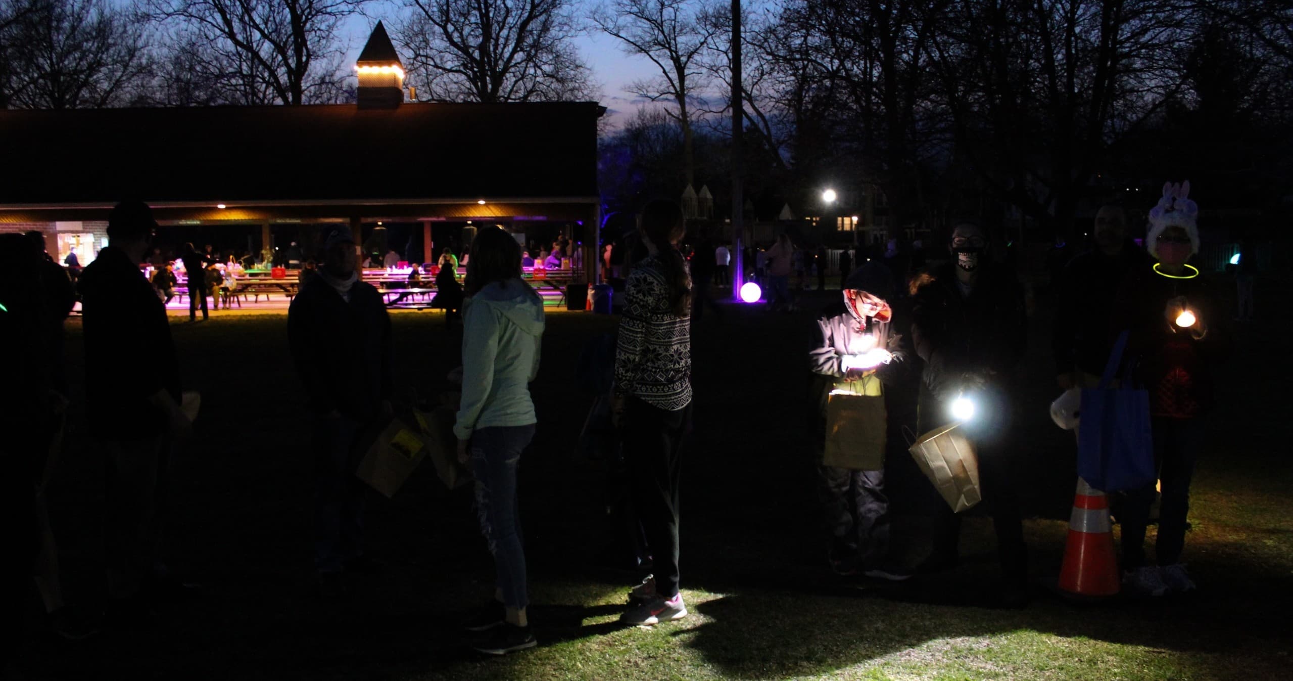 Crowd carrying lanterns at an evening park festival outdoors