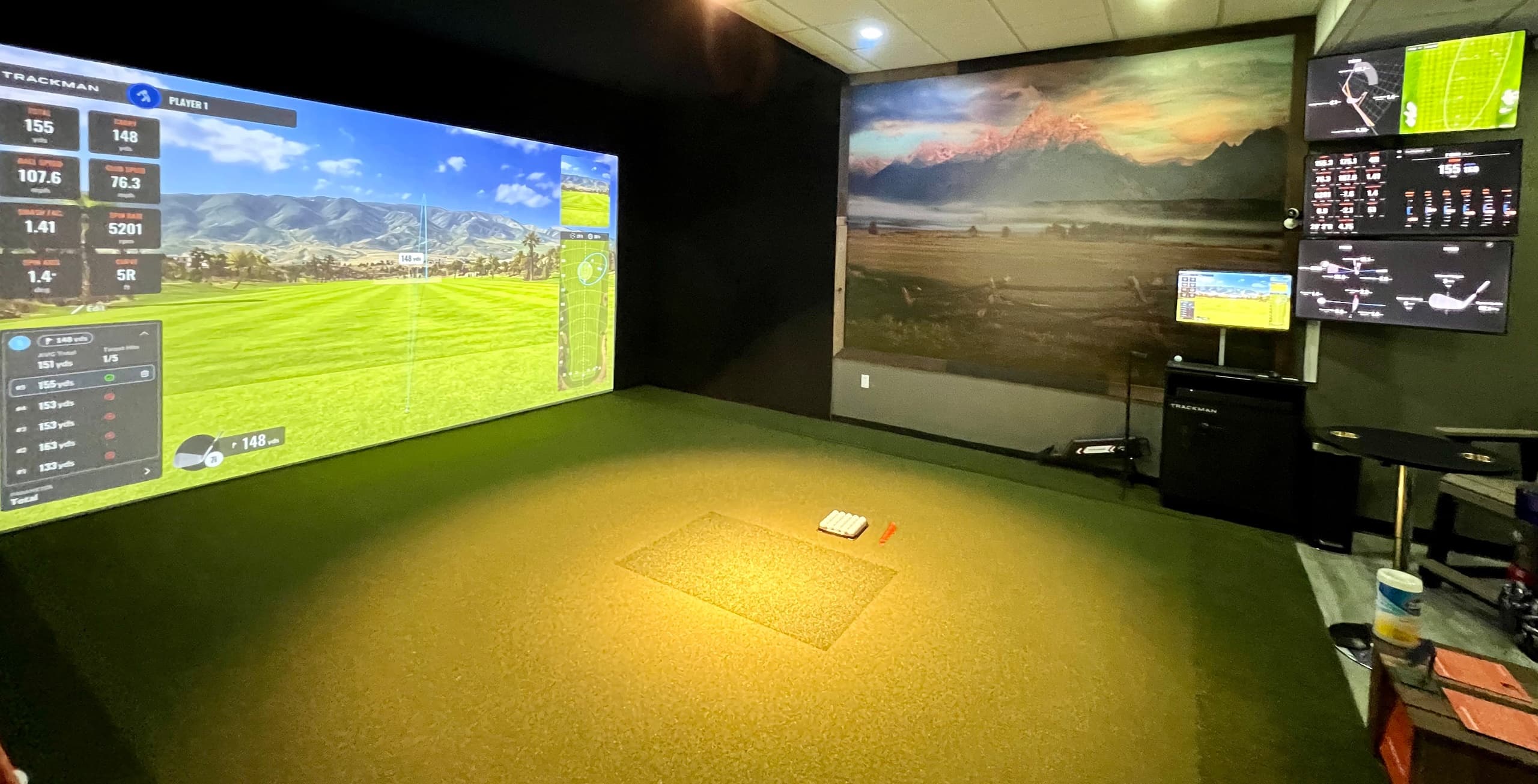 Private golf simulator bay with projection screen and turf mat