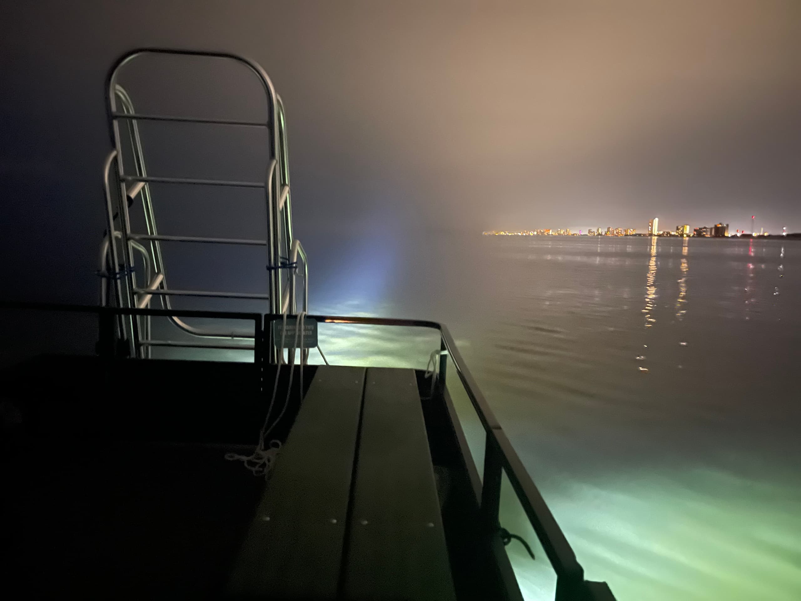 Night boat ladder over calm harbor waters with distant lights
