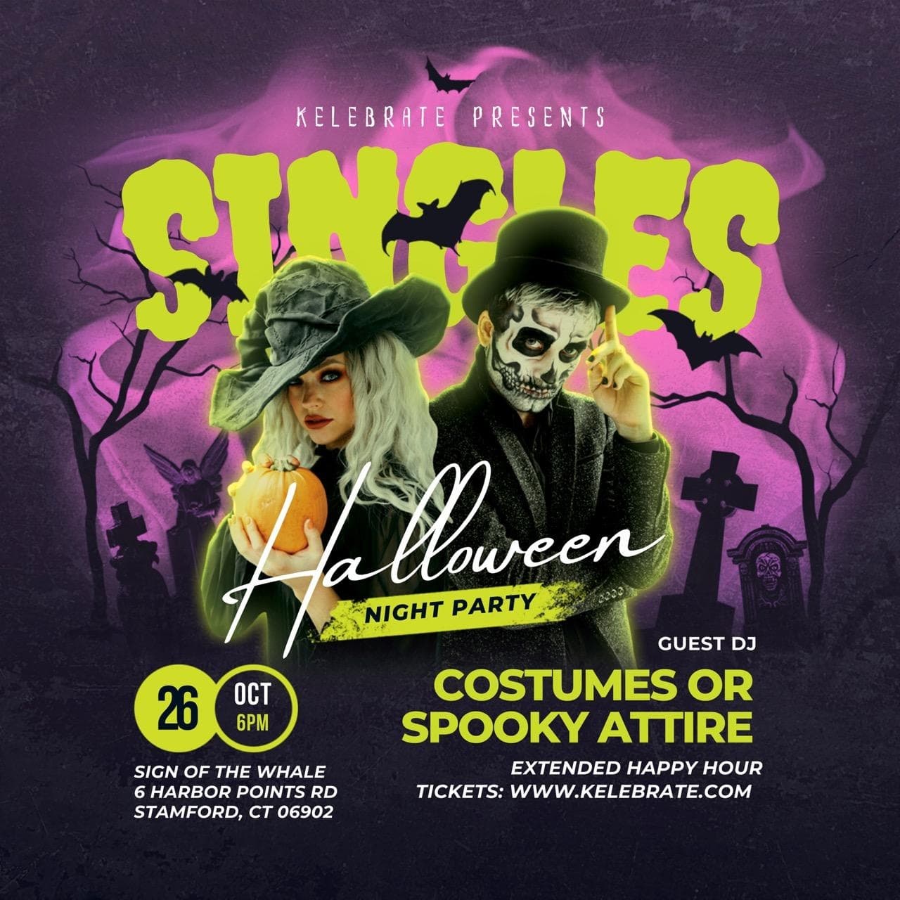 Halloween costume party poster with spooky graveyard night scene