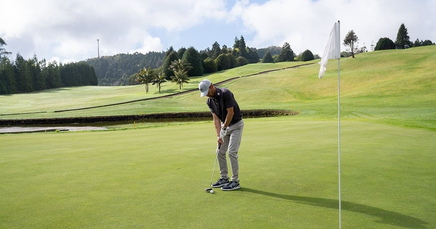 Golfer putting on manicured green at tree-lined course