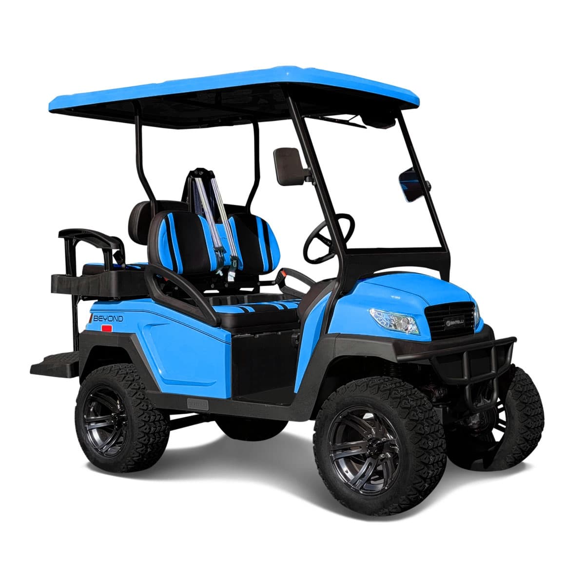 Blue off-road style golf cart for trails and resort use on white studio