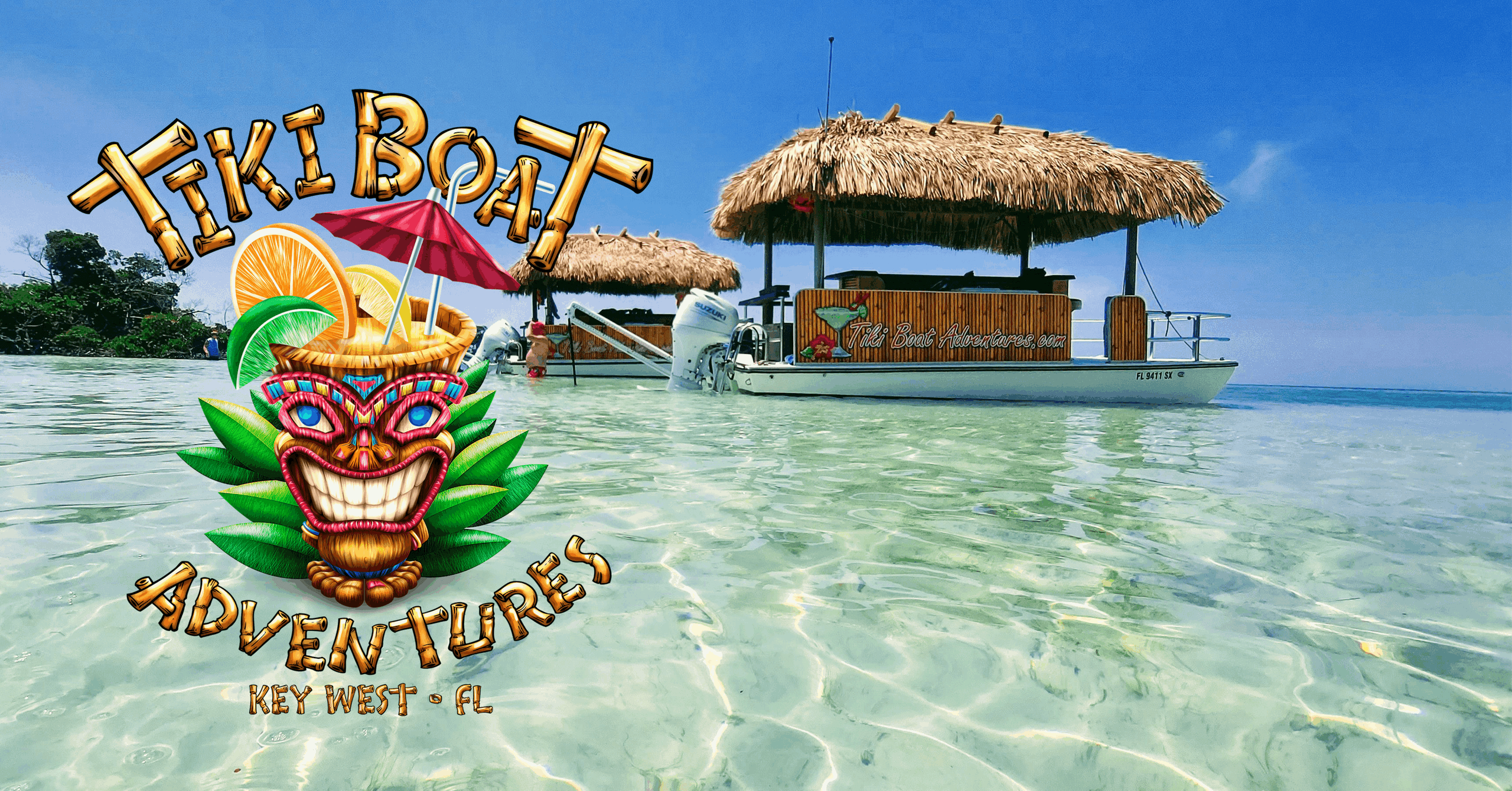 Tiki boat over shallow turquoise water, tropical flotilla