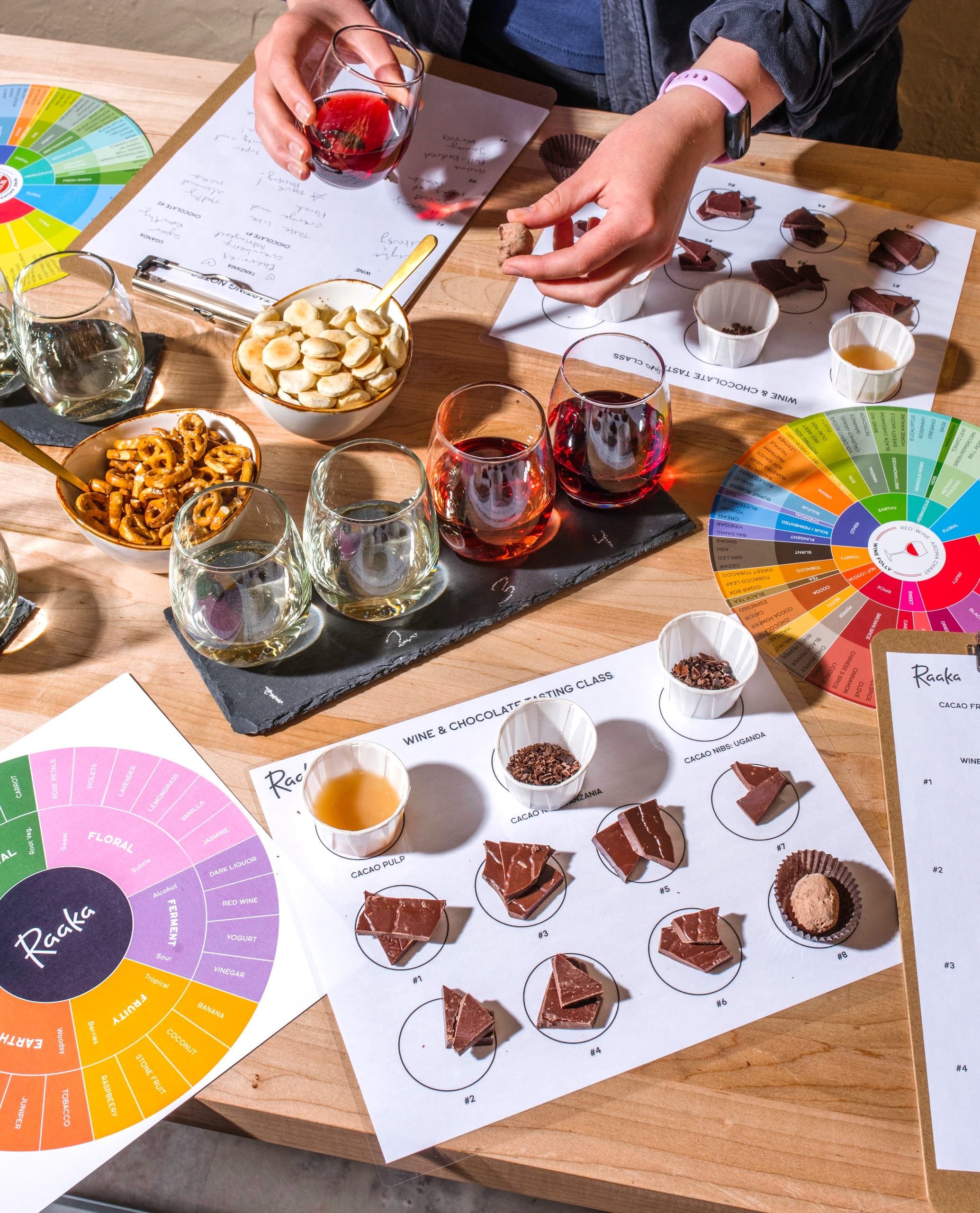 Chocolate tasting flight and flavor wheel on wooden table