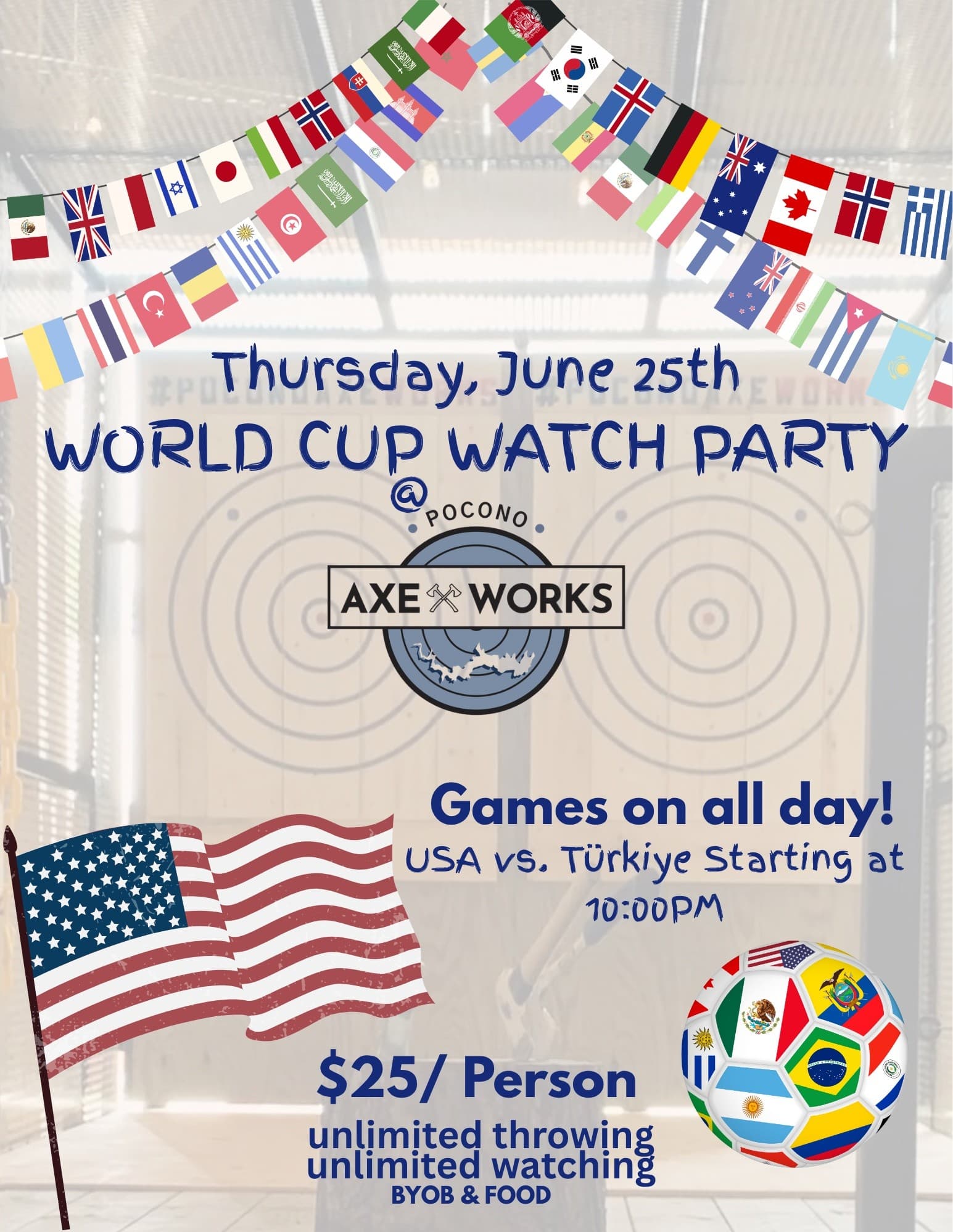 Pocono Axe Works World Cup Watch Party: Big Screens & Unlimited Axe Throwing in Lakeville, PA