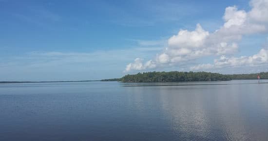 Wide serene bay view with distant mangrove island under blue sky