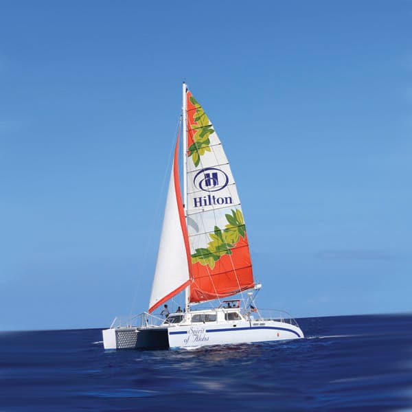 Colorful sailing catamaran off Kona shore on clear ocean