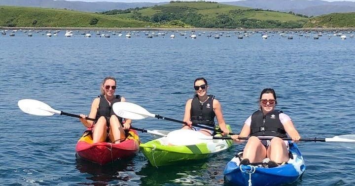 Three recreational kayakers paddling together in calm bay