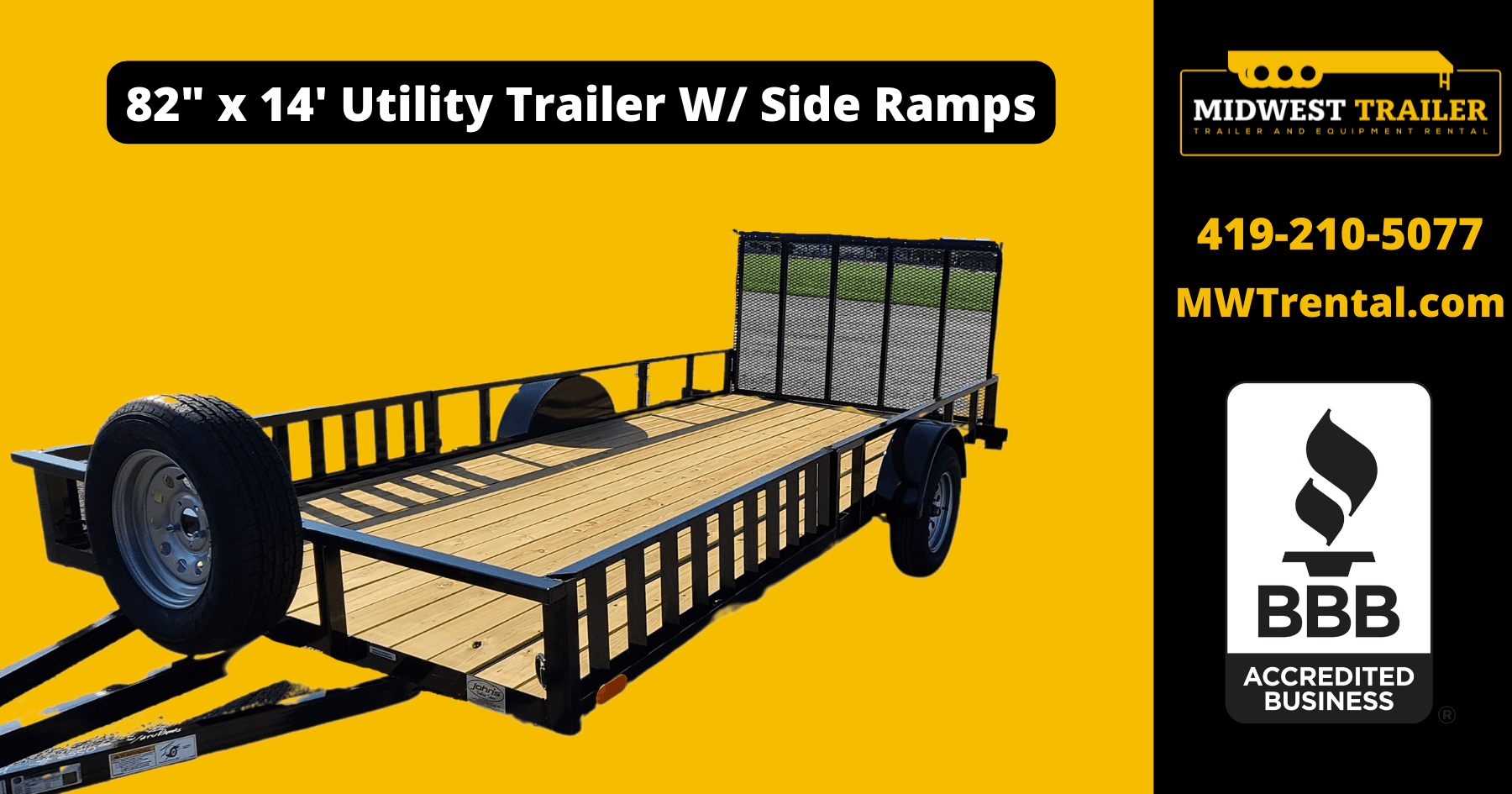 Utility trailer with side ramps on bright promotional yellow background