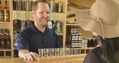 Mead tasting at rustic indoor honey wine bar counter experience