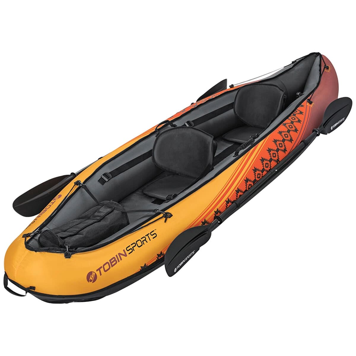Inflatable kayak for two on open water, scenic paddling adventure