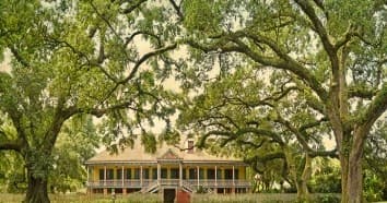 Historic Southern plantation house beneath live oak canopy