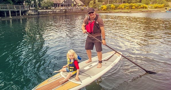 Adult and child paddleboarding together on sheltered bay