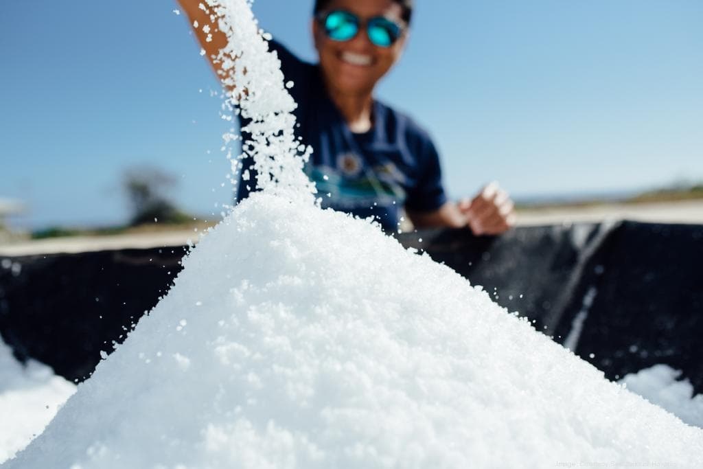Salt harvesting pile with worker pouring sea salt under blue sky