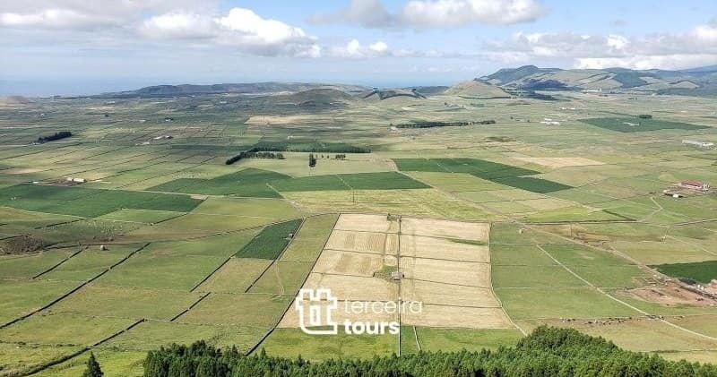 Aerial farmland mosaic and patchwork fields on Terceira Island