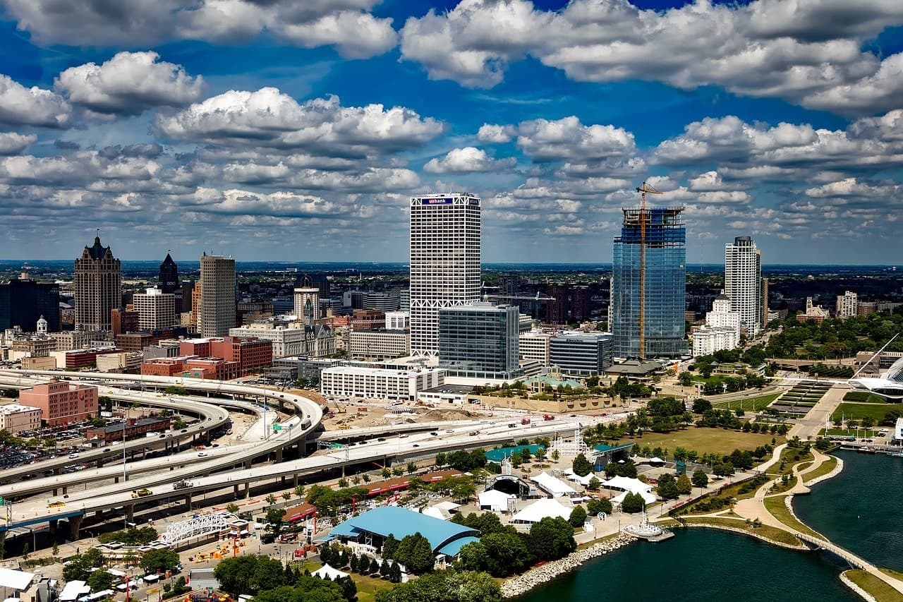 Aerial view of Milwaukee skyline and lakeshore waterfront