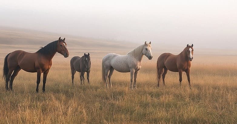 Herd of wild horses grazing in misty golden coastal field
