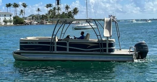 Pontoon boat cruising near palm-lined shoreline, leisure ride
